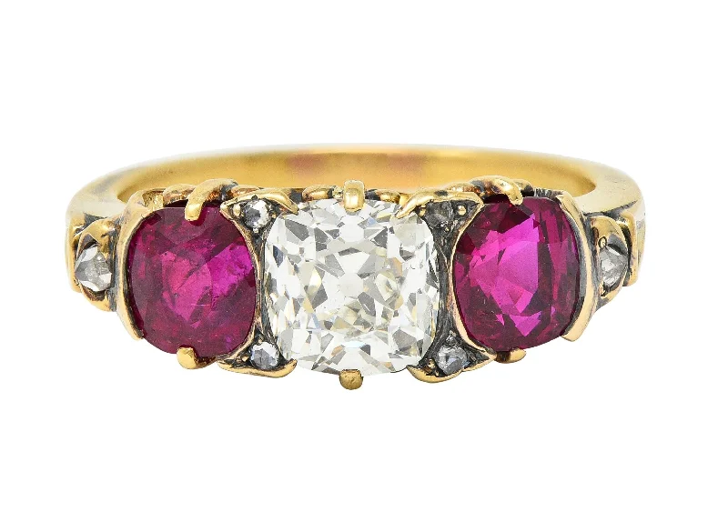 Custom Vintage Engagement Ring-Victorian 3.40 CTW Diamond No Heat Burma Ruby 18 Karat Gold Antique Three Stone Ring GIA