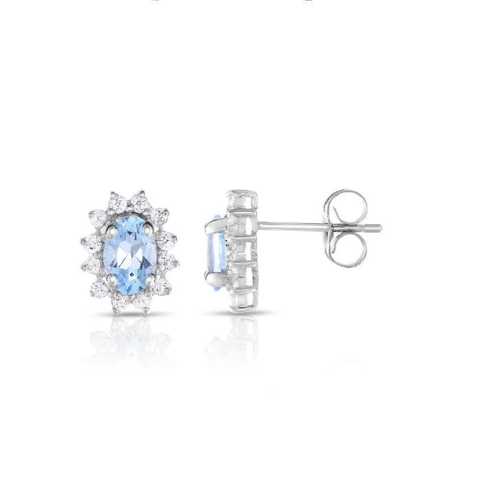 Party Earrings for Bridesmaids-6X4MM Oval Aquamarine and White Topaz Halo Earrings in 10KT White Gold