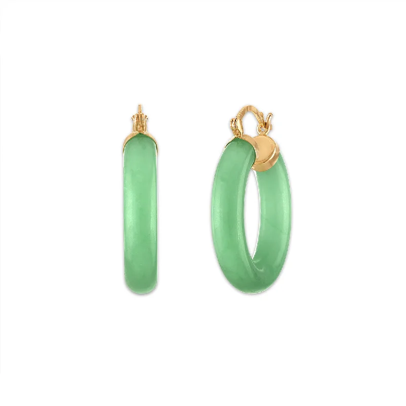 Tiny Huggie Earrings-Round Jade Hoop Earrings in 10KT Yellow Gold