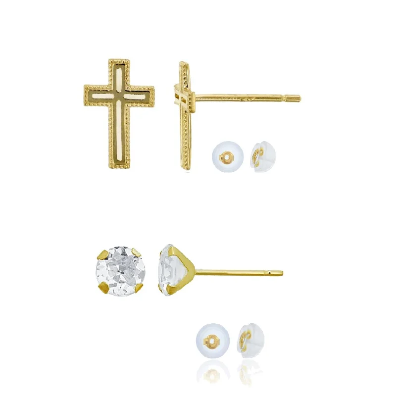 Large Drop Earrings for Weddings-14KT Yellow Gold 6MM Round Cubic Zirconia Cross Stud 2-Pair Earrings