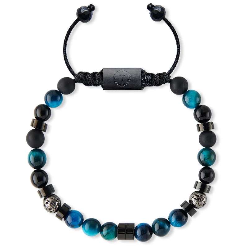 Luxury Men’s Bracelet-Blue Sodalite with Heishi Onyx & Volcanics