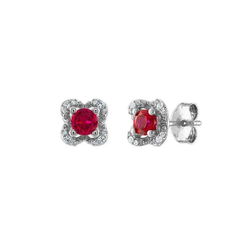 Classic Gold Earrings-4MM Round Ruby and White Sapphire Birthstone Flower Halo Earrings in Sterling Silver