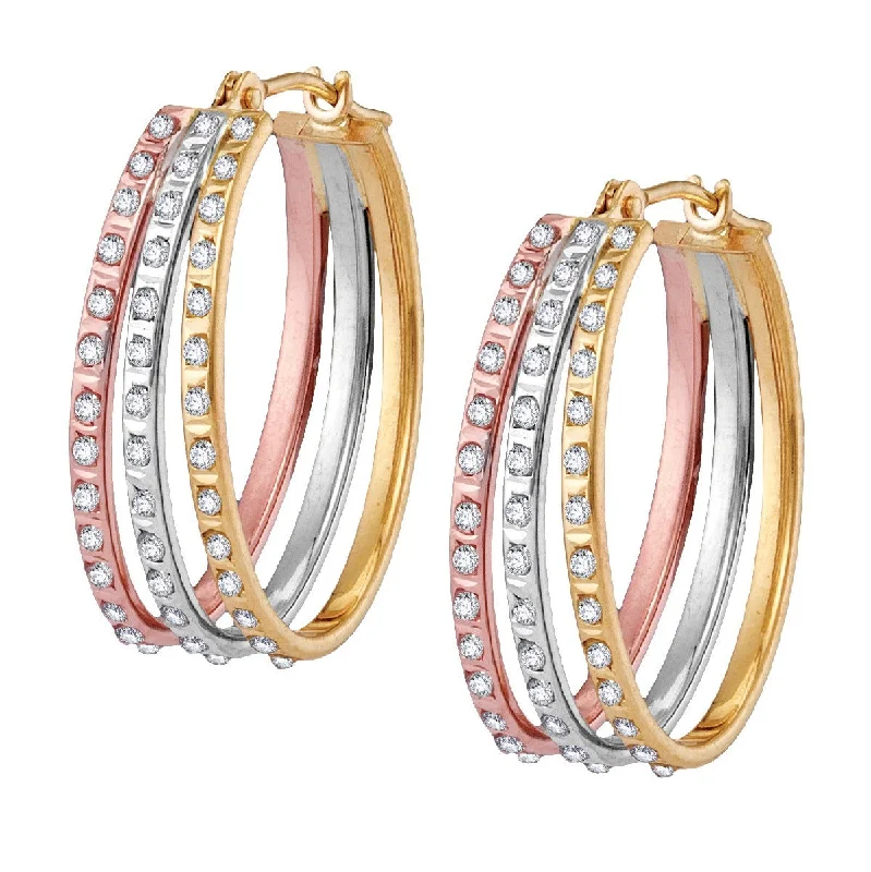 Round Diamond Earrings-Diamond Fascination 14KT Gold Tri-Color 17X22MM Diamond Accent Hoop Earrings