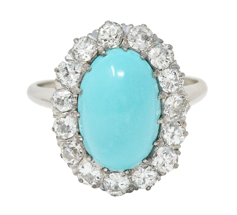 Gemstone Wedding Ring Set-Art Deco 1.20 CTW Turquoise Cabochon Old European Cut Diamond 14 Karat White Gold Halo Ring