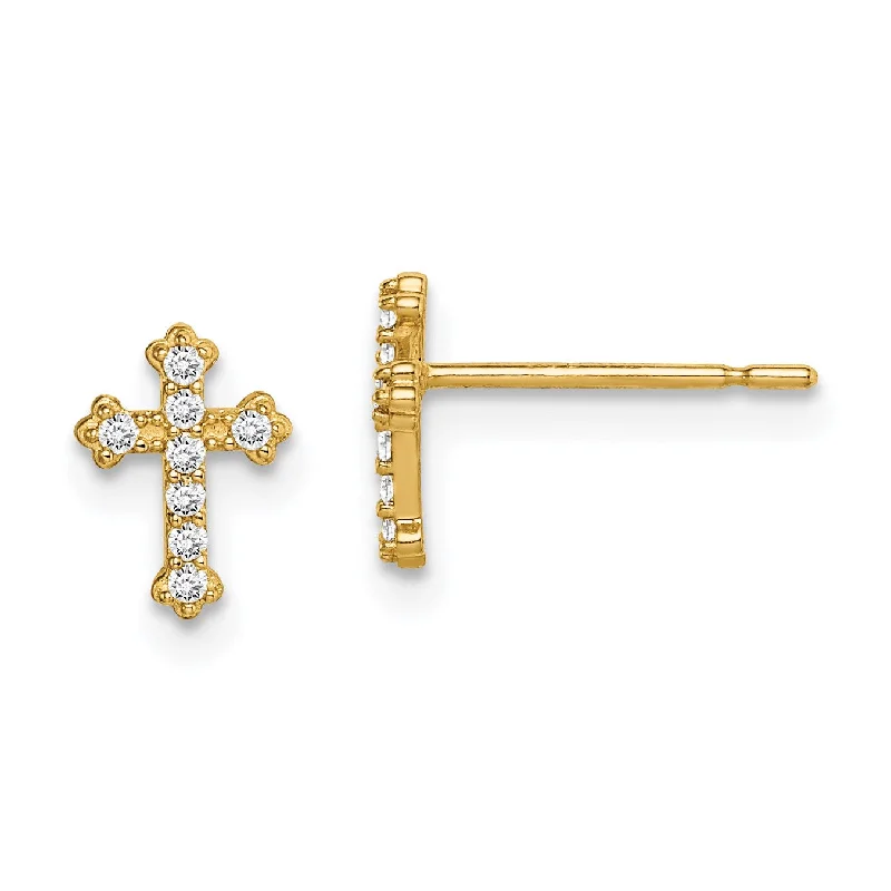 Handmade Gold Earrings-14KT Yellow Gold Cubic Zirconia Childrens Cross Stud Earrings