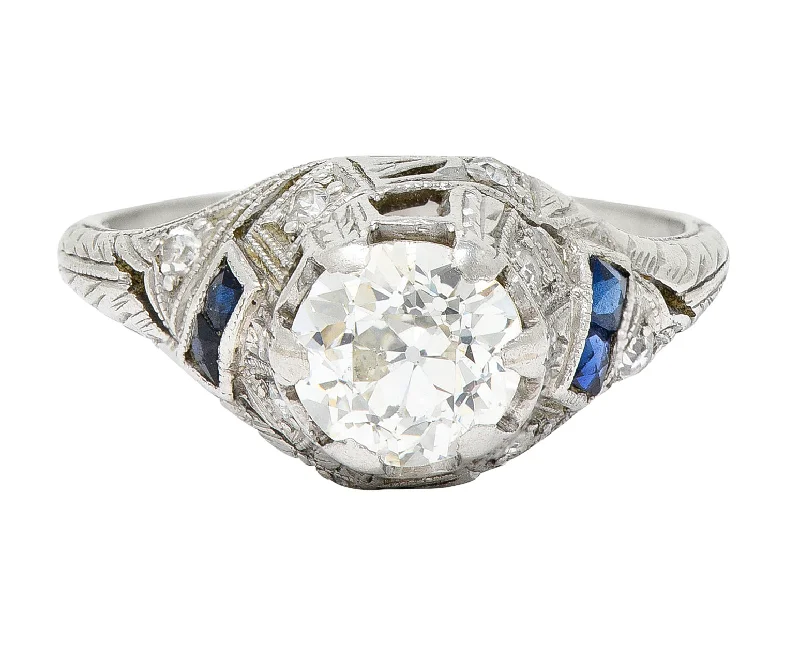 Silver Ring with Sapphire-Art Deco 1.24 CTW Diamond Sapphire Platinum Foliate Engagement Ring