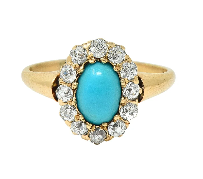 Wedding Ring Set for Men-Victorian Turquoise Diamond 14 Karat Yellow Gold Antique Halo Ring