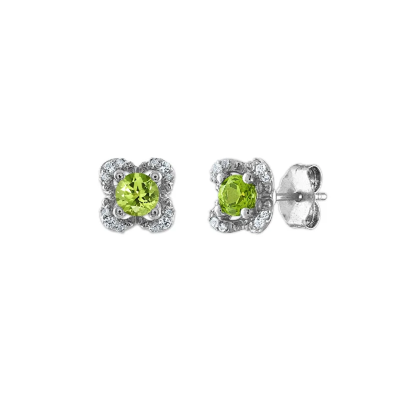 Long Chandelier Earrings-4MM Round Peridot and White Sapphire Birthstone Flower Halo Earrings in Sterling Silver