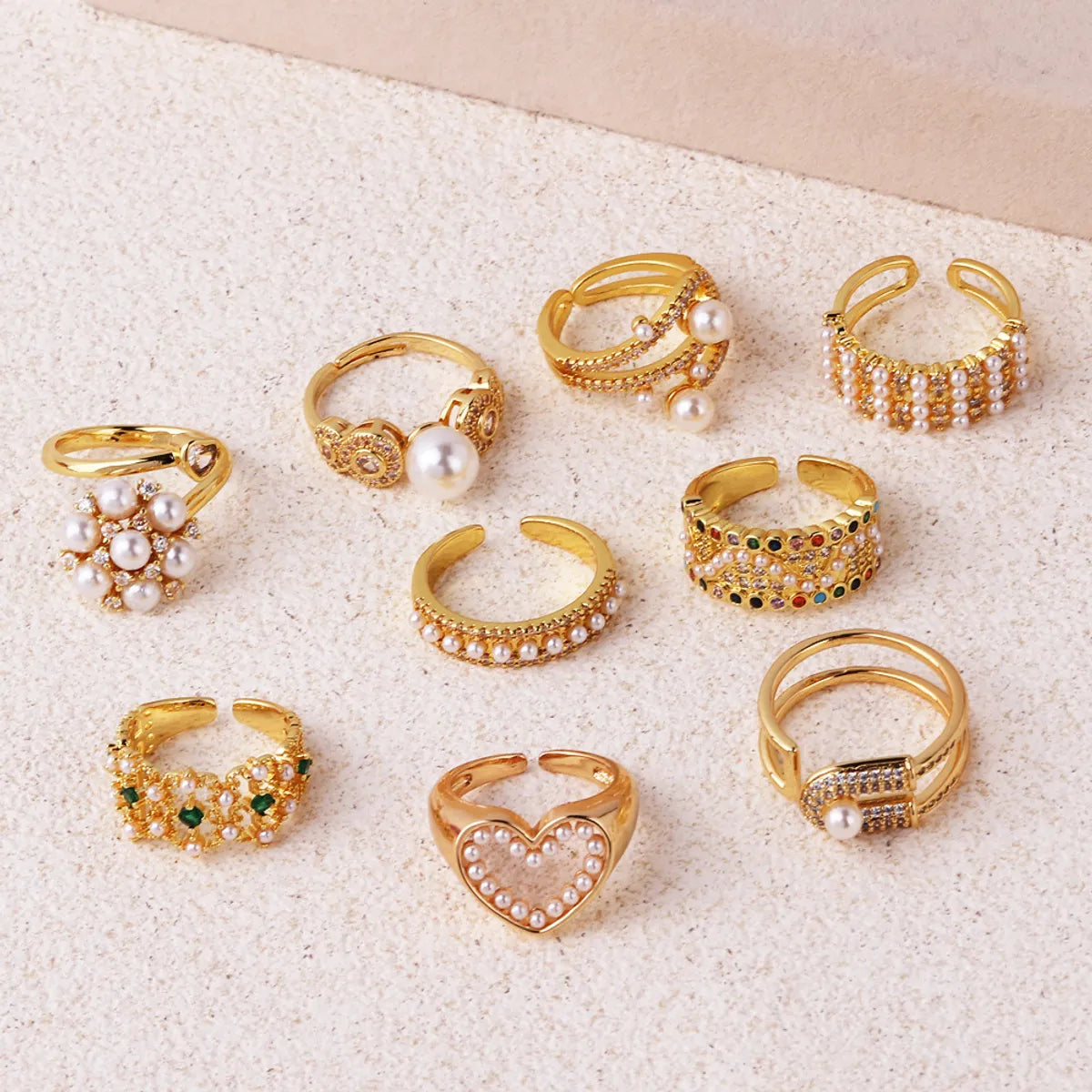 Elegant Diamond Ring-Elegant Vintage Style Circle Heart Shape Copper Plating Inlay Pearl Zircon Gold Plated Open Rings