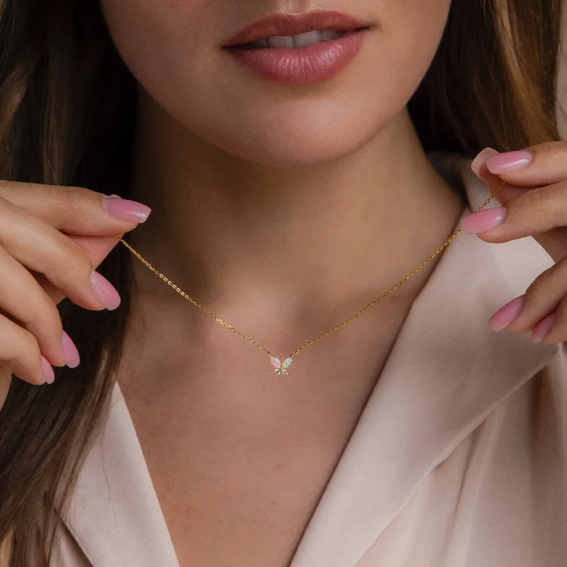 Sparkling Sapphire Necklace-Pink Opal Butterfly Necklace