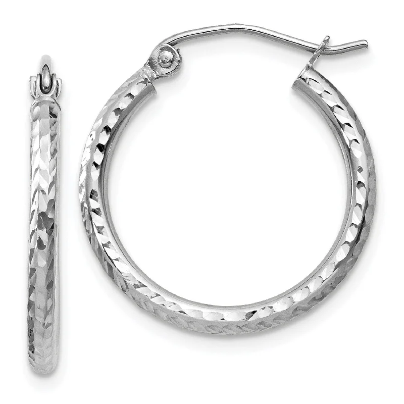 Large Drop Earrings-14KT White Gold 20X2MM Diamond-cut Hoop Earrings