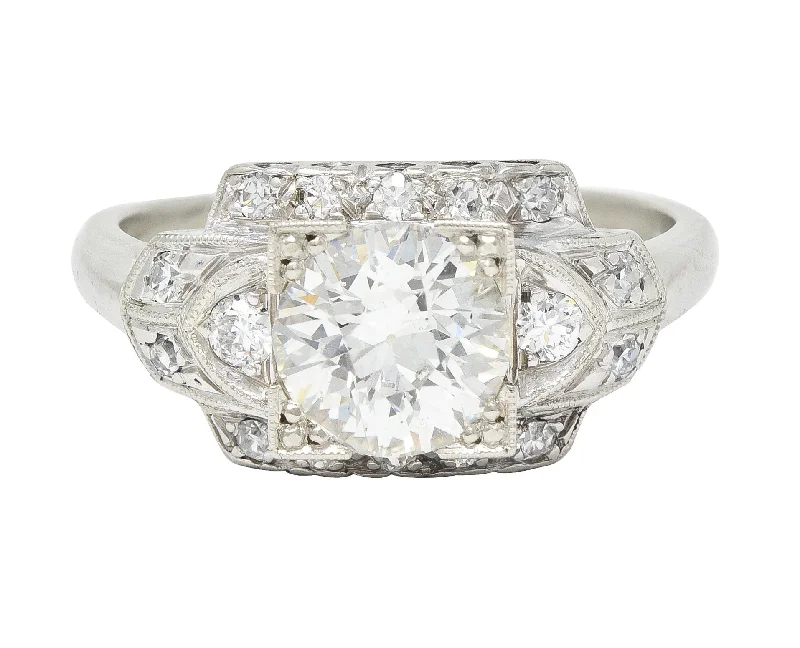 Classic Ring for Women-Art Deco 1.39 CTW Old European Cut Diamond 14 Karat White Gold Stepped Vintage Engagement Ring