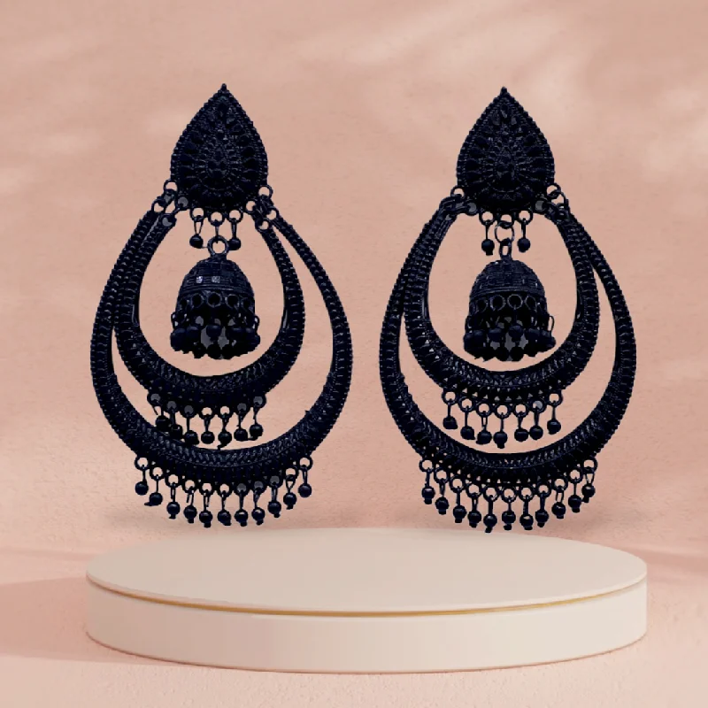 Diamond Hoop Earrings-Black Earrings with twice layer chandbali filled with Zumkha