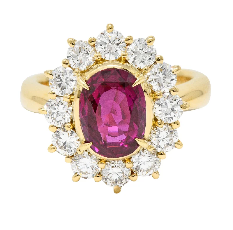 Birthstone Wedding Ring-Contemporary 4.28 CTW Oval Step Cut Ruby Diamond 18 Karat Yellow Gold Halo Ring GIA