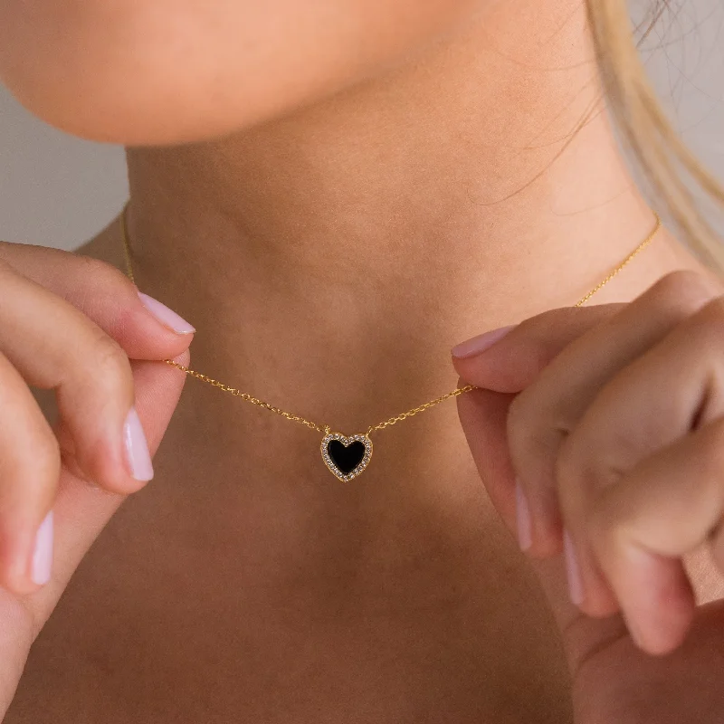 Heart Pendant Necklace-Pave Onyx Heart Necklace