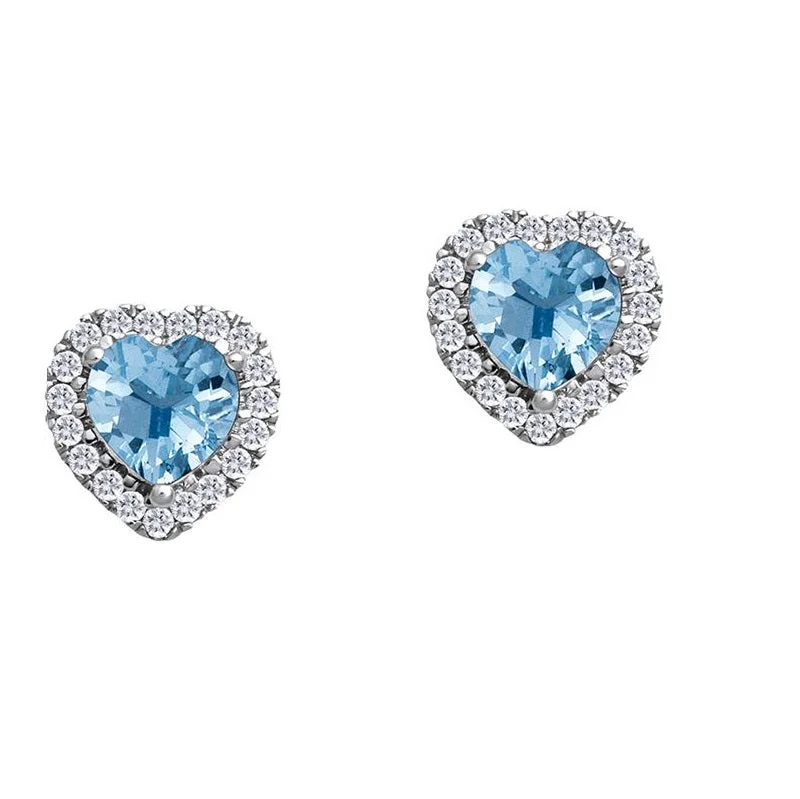 Vintage Earrings for Women-5MM Heart Shape Blue Topaz and White Sapphire Birthstone Halo Stud Earrings in 10KT White Gold