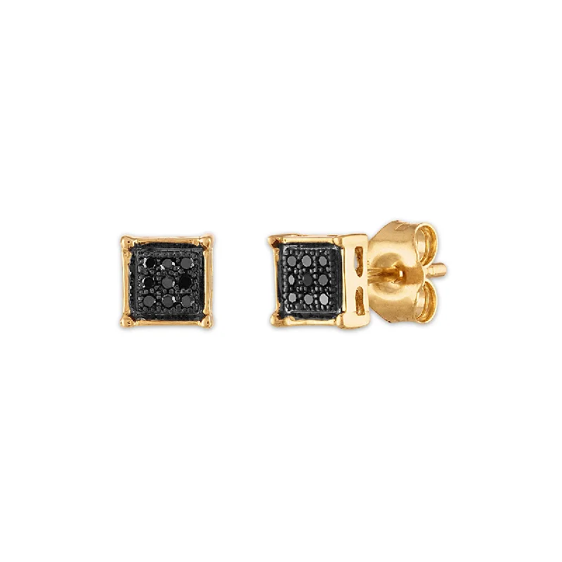 Party Earrings for Bridesmaids-1/20 CTW Diamond Cluster Stud Treated Black Earrings in 10KT Yellow Gold