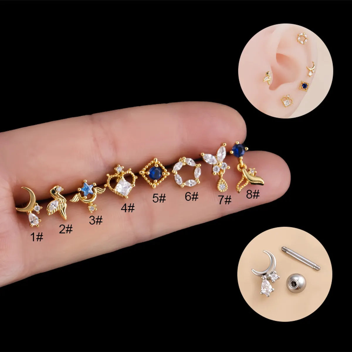 Elegant Jewelry Earrings-1 Piece Retro Moon Water Droplets Heart Shape Stainless Steel Copper Inlaid Zircon Ear Studs