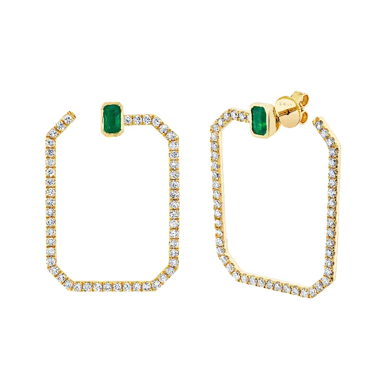 Silver Statement Earrings-READY TO SHIP DIAMOND & EMERALD OCTAGON HOOPS