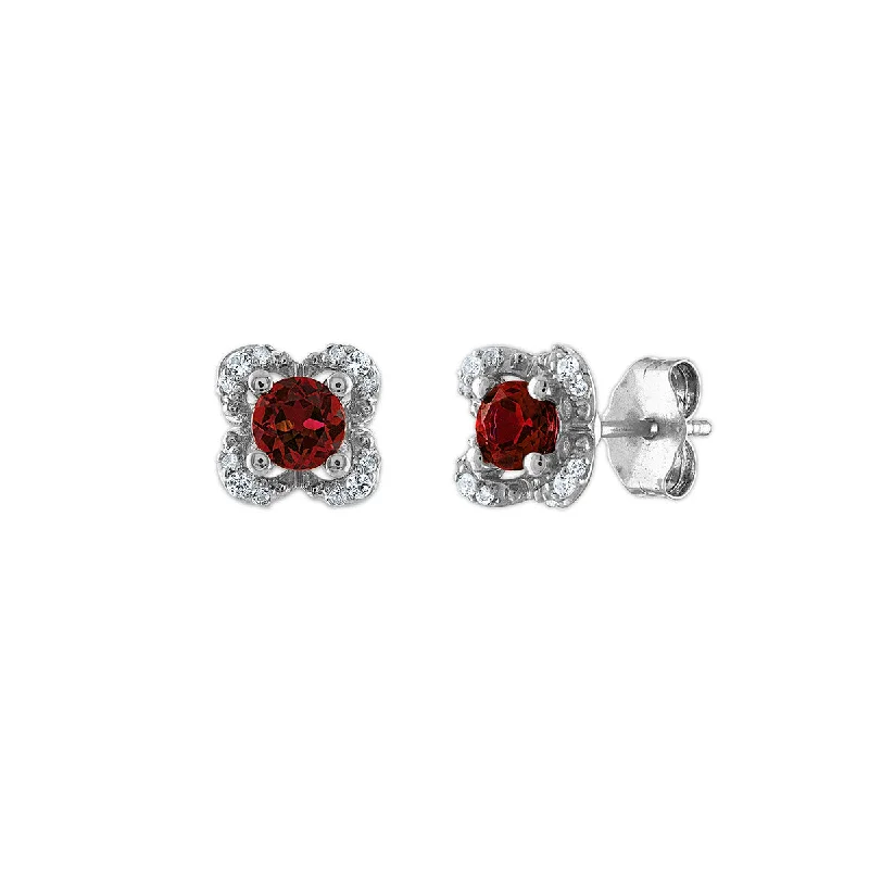 Custom Engraved Earrings-4MM Round Garnet and White Sapphire Birthstone Flower Halo Earrings in Sterling Silver