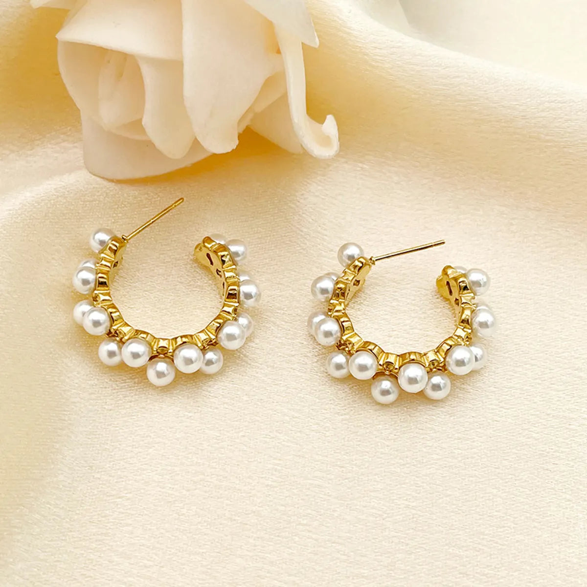 Hoop Earrings with Gemstones-1 Pair Elegant Round Plating Inlay Stainless Steel Artificial Pearls Gold Plated Ear Studs