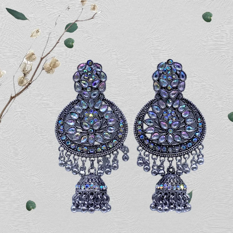 Silver Earrings with Crystals-Circular Oxidised Earrings  with Mirror Studded