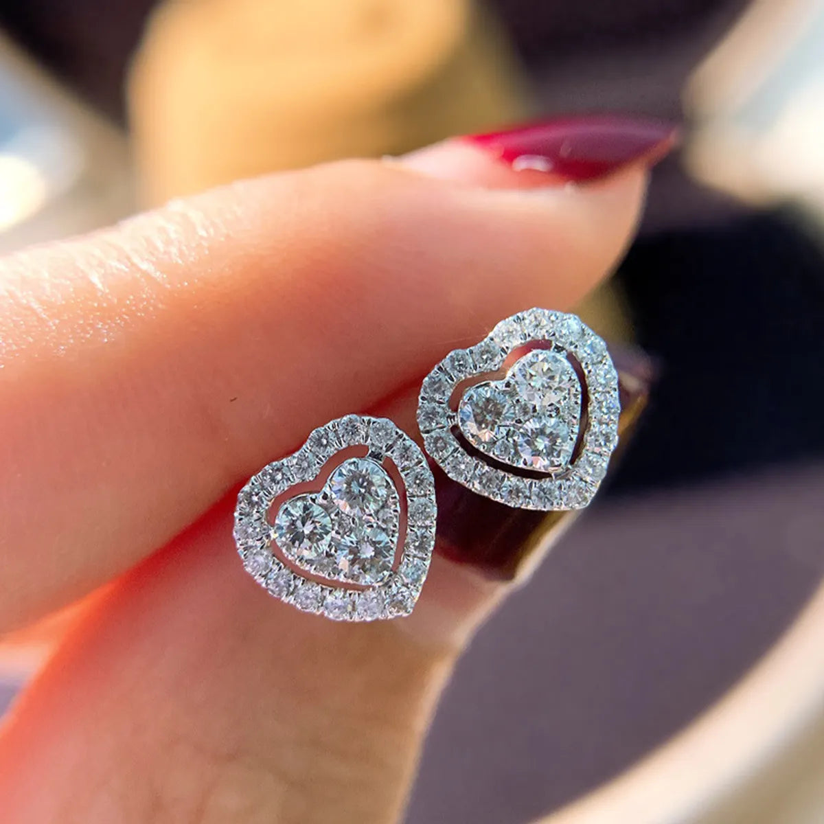 Gemstone Hoop Earrings-1 Pair Simple Style Heart Shape Plating Inlay Alloy Zircon White Gold Plated Ear Studs