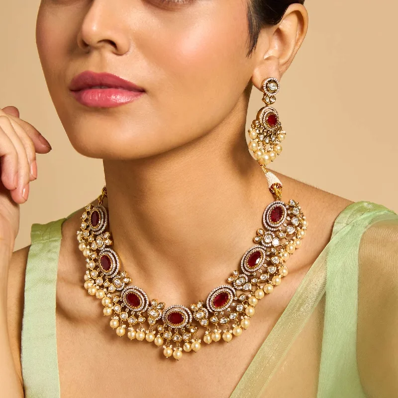 Elegant Gold Necklace for Weddings-Kundan Necklace 173034