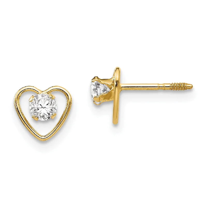 Handmade Silver Earrings-14KT Yellow Gold Round Zircon 6MM Heart Childrens Birthstone Stud Earrings