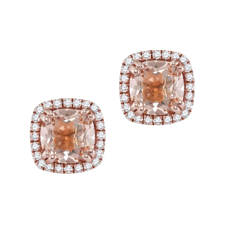 Small Dangle Earrings-6MM Cushion Morganite and Diamond Halo Stud Earrings in 14KT Rose Gold