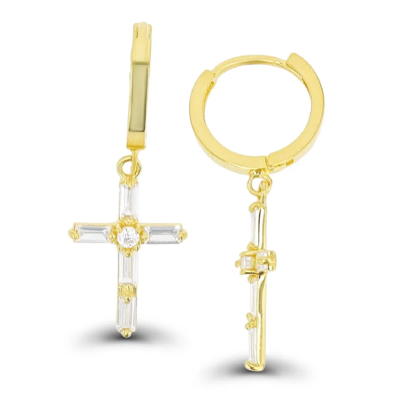 Geometric Drop Earrings-14KT Yellow Gold Baguette Cubic Zirconia Drop & Dangle Cross Earrings