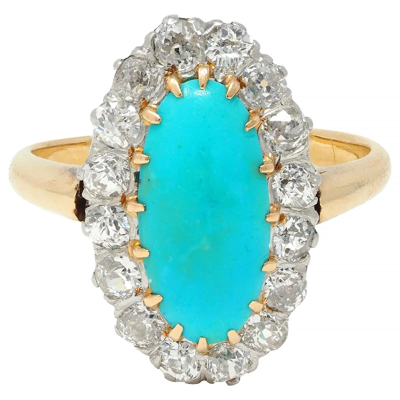 Dainty Engagement Ring-Edwardian Diamond Turquoise Platinum 14 Karat Yellow Gold Antique Halo Ring