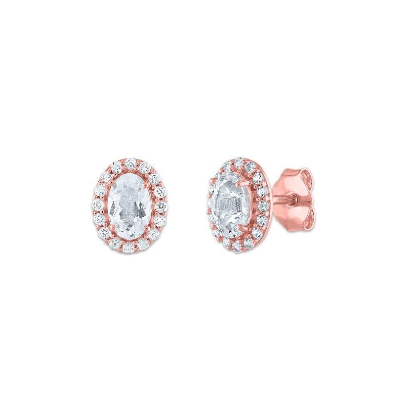 Statement Earrings for Weddings-6X4MM Oval Topaz and Sapphire Birthstone Halo Stud Earrings in 10KT Rose Gold