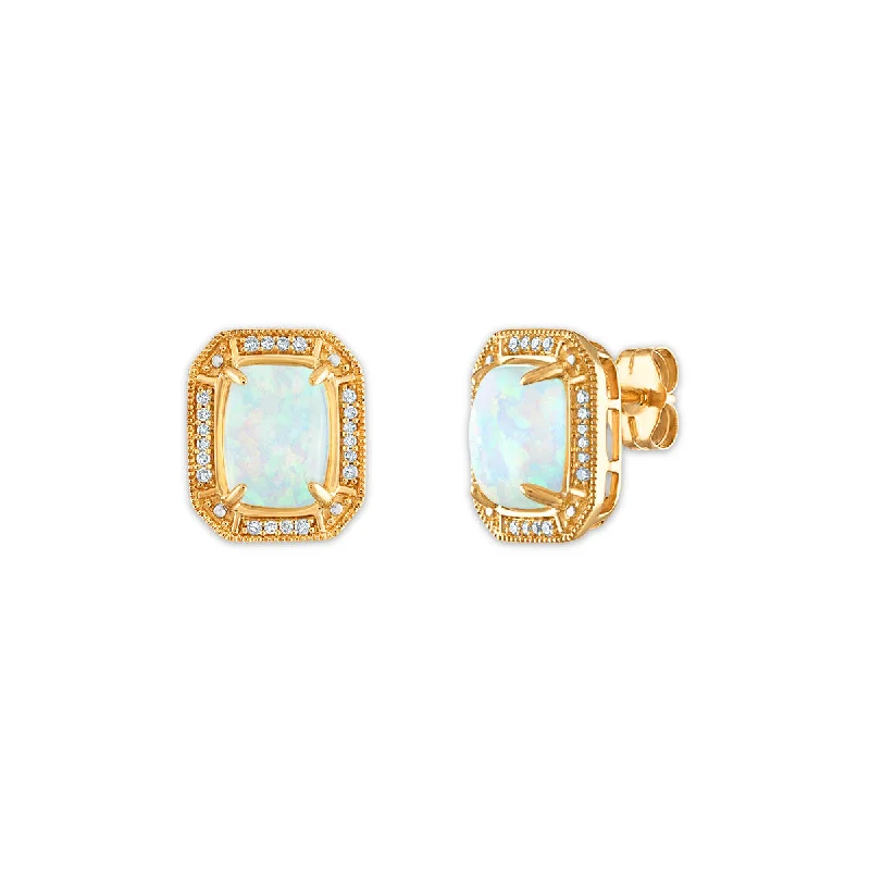 Diamond Stud Earrings-LoveSong 8X6MM Cushion Opal and Diamond Halo Earrings in 10KT Yellow Gold