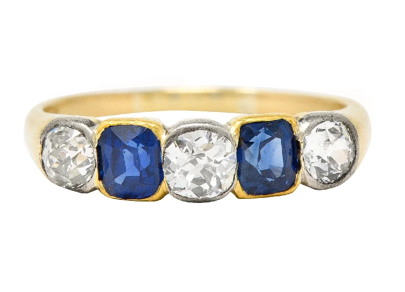 Elegant Custom Ring-Victorian 1.63 CTW Old Mine Cut Diamond Sapphire Platinum 14 Karat Yellow Gold Five Stone Antique Band Ring