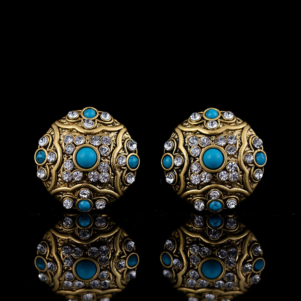 Colorful Earrings for Teens-1 Pair Glam Retro Round Plating Inlay Copper Turquoise Zircon Ear Studs