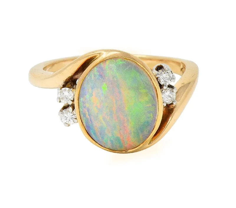 Large Engagement Ring-Vintage Opal Cabochon Diamond Platinum 14 Karat Yellow Gold Bypass Ring