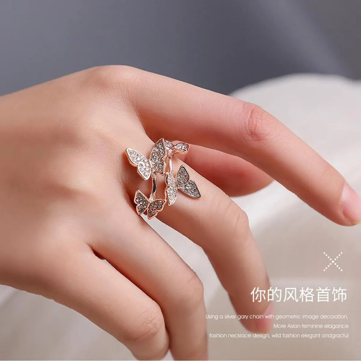 Custom Initial Ring-Full Diamond Four Butterfly Ring Light Luxury Index Finger Opening Ring