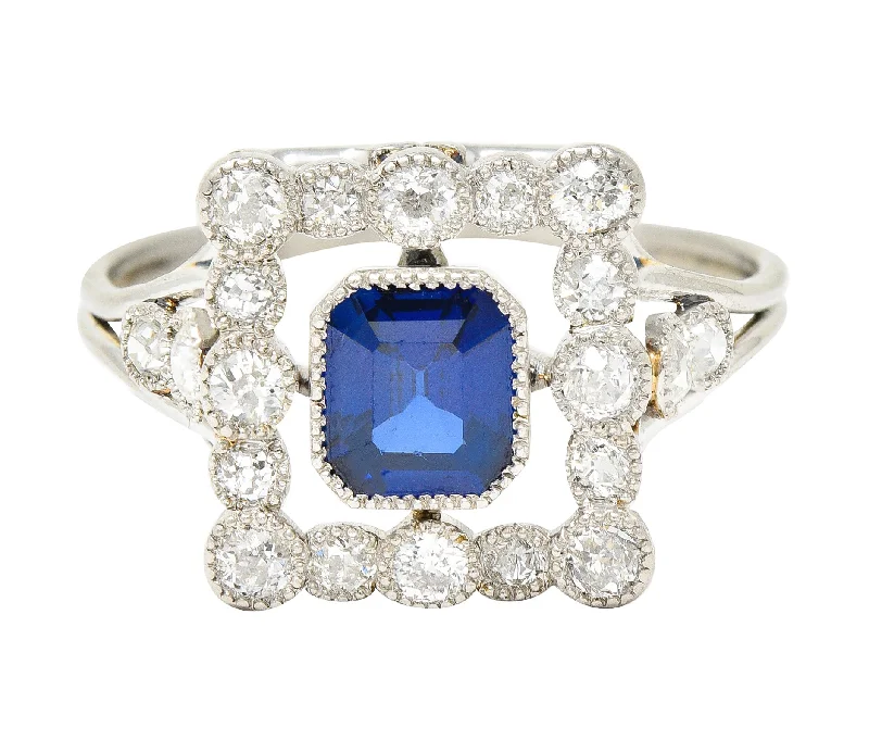 Stackable Rings for Women-Art Deco 1.35 CTW Sapphire Diamond Platinum Rectangular Cluster Ring