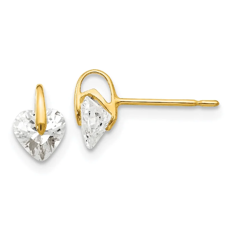 Gold Earrings for Teens-14KT Yellow Gold Cubic Zirconia 7X5MM Childrens Heart Stud Earrings