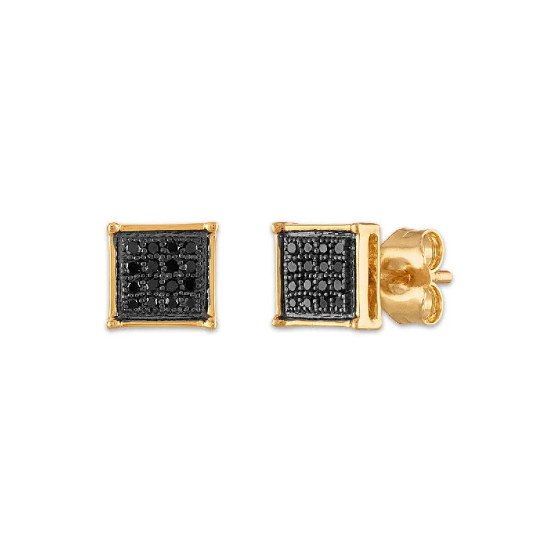 Diamond Hoop Earrings-1/10 CTW Diamond Cluster Stud Treated Black Earrings in 10KT Yellow Gold