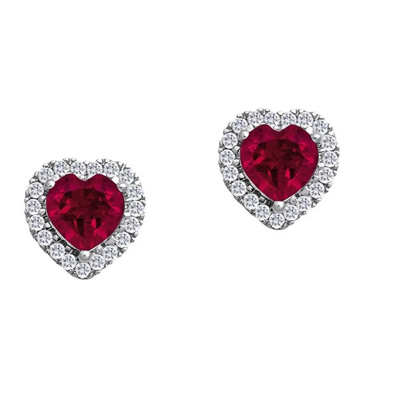 Sparkling Drop Earrings-5MM Heart Shape Ruby and White Sapphire Birthstone Halo Stud Earrings in 10KT White Gold