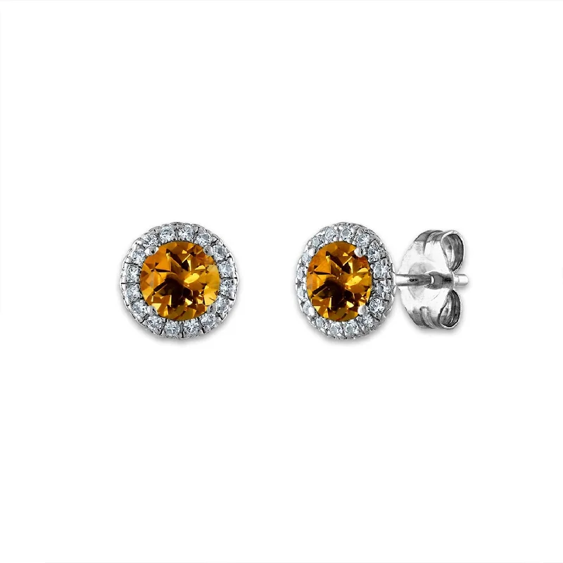 Stud Earrings for Women-5MM Round Citrine and White Sapphire Birthstone Earrings in Sterling Silver