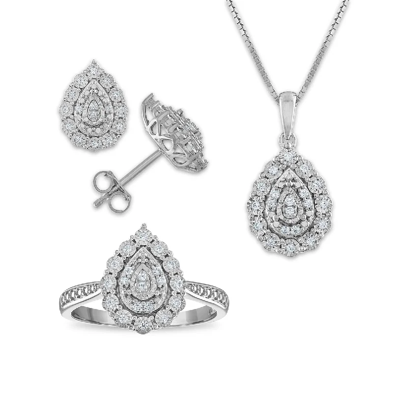 Trendy Earrings for Bridesmaids-1/3 CTW Diamond Halo Ring Pendant Earrings Set in Sterling Silver