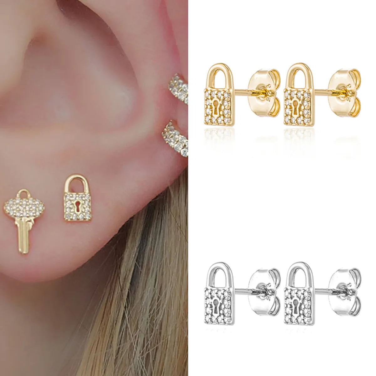 Small Gold Hoop Earrings-1 Pair Ins Style Lock Copper Inlay Zircon Ear Studs