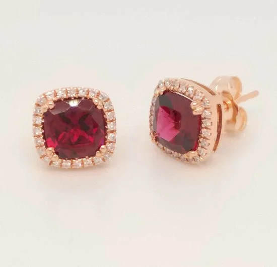 Stylish Dangle Earrings-6MM Cushion Rhodolite Garnet and Diamond Halo Stud Earrings in 14KT Rose Gold