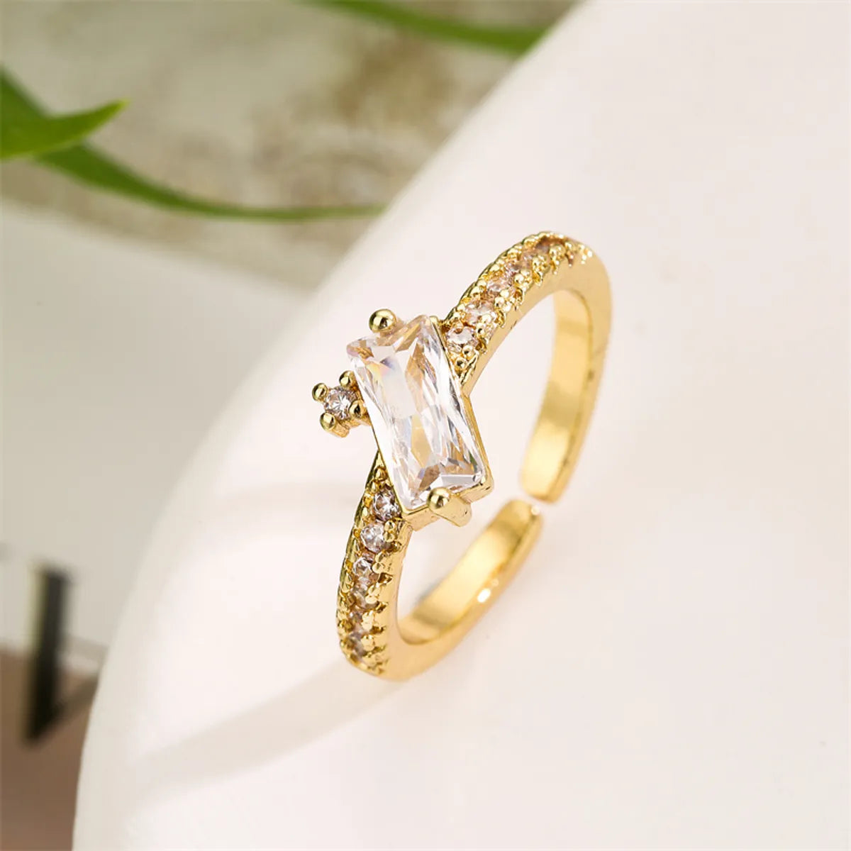 Gemstone Ring for Women-Simple Style Shiny Rectangle Copper Plating Inlay Zircon Gold Plated Open Ring