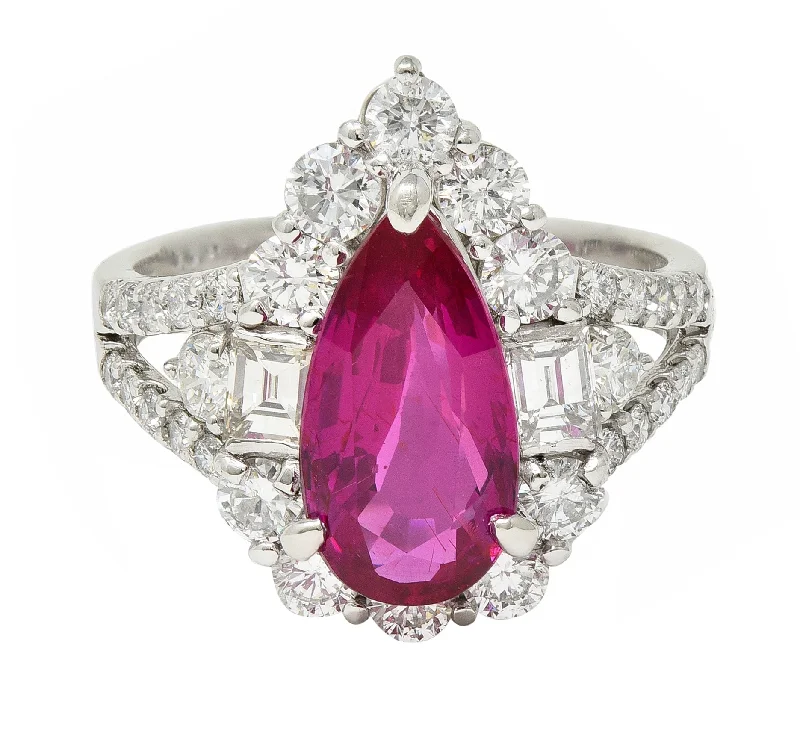 Birthstone Ring for Women-Contemporary 5.11 CTW Pear Cut Mozambique No Heat Ruby Diamond Ring AGL