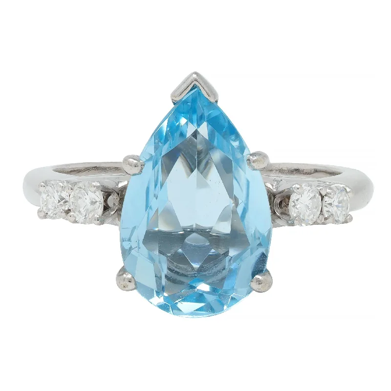 Large Engagement Ring-Contemporary 2.24 CTW Pear Cut Aquamarine Diamond 14 Karat White Gold Ring