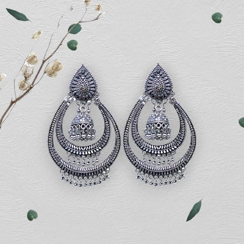 Wedding Earrings with Diamonds-Double Layered Chandbali Style Oxidised Earrings